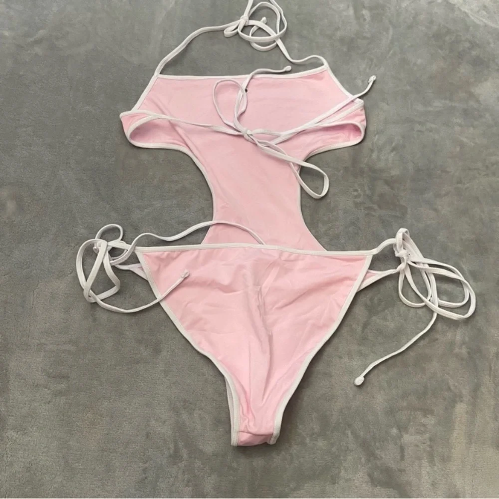 Frankie's Bikinis Pink One-Piece Cutout Swimsuit with Cream Trim